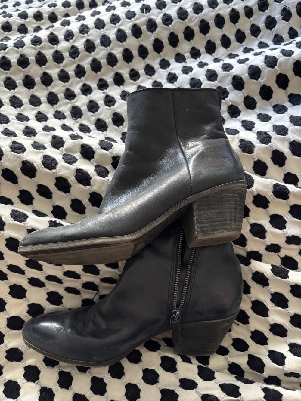 Frye Black Leather Ankle Booties with Stacked Heel - Picture 6 of 7